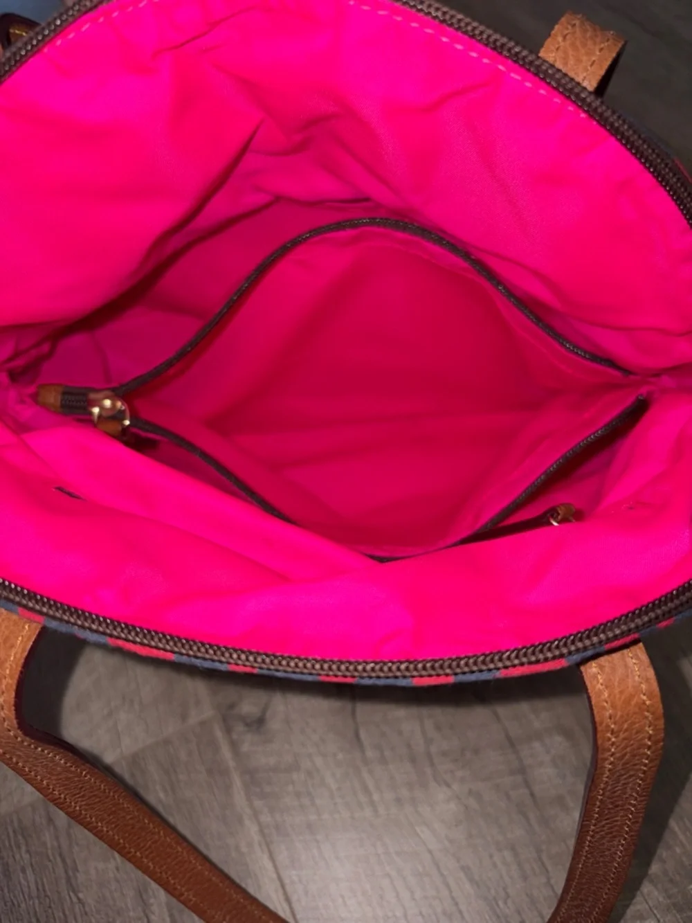 Dooney & Bourke Red and Navy Heart-Print  Signature Domed Zip Satchel - Picture 6 of 7